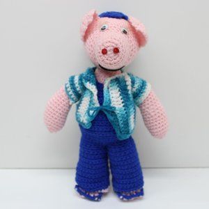 Crochet Knit Stuffed Pink Pig 14 Inch Tall Toy Doll Handmade Vintage